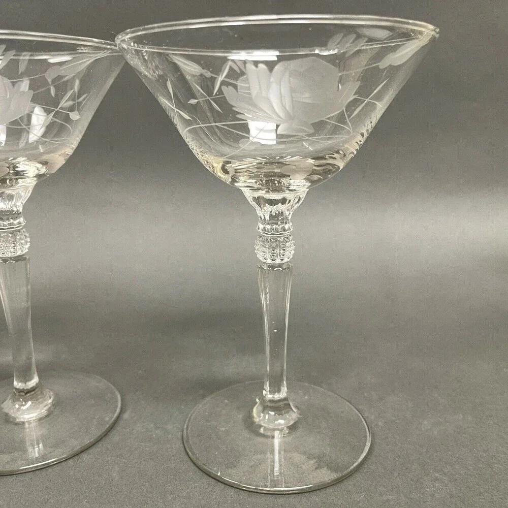 Vintage Wine Glass Glasses Clear Etched Roses Floral 6